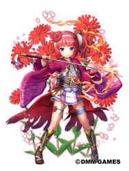 Rule 34 | 1girl, blunt bangs, boots, brown footwear, closed mouth, commentary, flower, flower knight girl, full body, hair flower, hair ornament, hairband, holding, holding sword, holding weapon, katana, knee boots, legs apart, looking at viewer, lychnis (flower knight girl), nakaishow, name connection, obi, object namesake, official art, purple eyes, red hair, sash, short hair, smile, solo, standing, sword, tassel, thighlet, weapon, white hairband