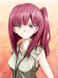 Rule 34 | 10s, 1girl, 2013, artist name, dated, dress, highres, kem kem, long hair, looking at viewer, magi the labyrinth of magic, morgiana, ponytail, red eyes, red hair, side ponytail, sleeveless, sleeveless dress, smile, solo, upper body