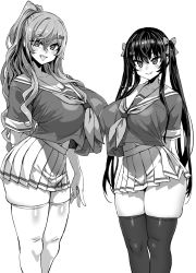 Rule 34 | 2girls, arm behind back, asanagi, breasts, fang, greyscale, grin, hair ribbon, highres, huge breasts, midriff peek, monochrome, multiple girls, original, ponytail, ribbon, school uniform, skindentation, smile, thick thighs, thighhighs, thighs, twintails, white background