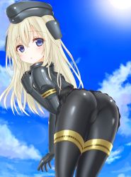 Rule 34 | 10s, 1girl, :o, ass, bent over, blonde hair, blue eyes, blue sky, blush, bodysuit, cloud, cloudy sky, cropped jacket, day, from behind, garrison cap, hat, highres, kantai collection, langley1000, lens flare, long hair, long sleeves, looking at viewer, looking back, military, military uniform, puffy long sleeves, puffy sleeves, purple eyes, revision, sky, solo, u-511 (kancolle), uniform