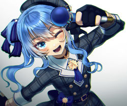 Rule 34 | 1girl, arm up, black gloves, blue eyes, blue hair, blue nails, blush, choker, gloves, highres, holding, holding microphone, hololive, hoshimachi suisei, hoshimachi suisei (1st costume), konya (chocolate palette), long sleeves, looking at viewer, medium hair, microphone, nail polish, one eye closed, open mouth, partially fingerless gloves, side ponytail, smile, solo, star (symbol), star choker, teeth, tongue, virtual youtuber