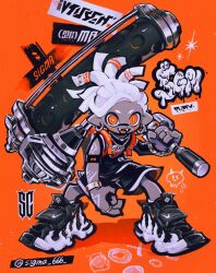 Rule 34 | 1boy, arm tattoo, armband, artist name, backpack, bag, black footwear, black shirt, black shorts, black sleeves, bright pupils, chain, chain necklace, cornrows, dark-skinned male, dark skin, detached sleeves, dynamo roller (splatoon), earrings, english text, facial mark, fangs, forehead, full body, hair ornament, hand up, happy, highres, holding, holding weapon, inkling, inkling boy, inkling player character, jewelry, leaning forward, legs apart, looking at viewer, male focus, multiple rings, necklace, nike (company), nintendo, open mouth, orange background, orange eyes, over shoulder, pointy ears, ring, shirt, shoes, short hair, short shorts, shorts, signature, single detached sleeve, sleeveless, sleeveless shirt, smile, sneakers, solo, splatoon (series), standing, surimi special, tattoo, twitter username, v-shaped eyebrows, weapon, weapon over shoulder, whisker markings, white hair, white pupils, white trim, wide-eyed, wristband
