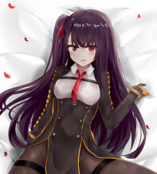 Rule 34 | 1girl, absurdres, bed sheet, black hair, black pantyhose, blouse, bow, collared shirt, commentary request, cowboy shot, eyes visible through hair, flying sweatdrops, framed breasts, girls&#039; frontline, hair bow, hair ribbon, highres, long hair, looking at viewer, lying, necktie, one side up, open mouth, pantyhose, pelvic curtain, red eyes, red necktie, ribbon, ru zhai, shirt, skindentation, solo, spread legs, striped clothes, striped shirt, thighs, wa2000 (girls&#039; frontline), wavy mouth
