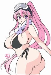 Rule 34 | 1girl, artist name, ass, bikini, black bikini, breasts, bursting breasts, character request, highres, huge ass, large breasts, legs, long hair, looking at viewer, looking back, open mouth, pink hair, ponytail, purple eyes, scarf, solo, swimsuit, thick thighs, thighs