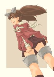 Rule 34 | 1girl, absurdres, brown eyes, brown hair, hair blowing, highres, kantai collection, looking at viewer, looking back, open mouth, own hands together, pot-de, rigging, ryuujou (kancolle), simple background, skirt, twintails, visor cap