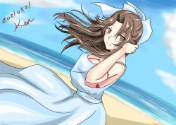 Rule 34 | 1girl, alternate costume, beach, blue sky, brown eyes, brown hair, cloud, commentary request, cowboy shot, day, dress, dutch angle, hair intakes, half updo, highres, horizon, jintsuu (kancolle), kantai collection, ken (shutenndouji1), long hair, looking at viewer, ocean, outdoors, sky, solo, sundress, translation request, white dress