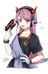 Rule 34 | 1girl, :d, aimai (aimailskl), apex legends, b3 wingman, black dress, blue dress, blue hair, collarbone, crazy raccoon, dress, fake horns, gloves, gun, hand on own hip, handgun, highres, holding, holding gun, holding weapon, horns, looking at viewer, multicolored hair, open mouth, pink hair, purple eyes, revolver, selly55, smile, solo, star (symbol), streaked hair, two-tone dress, weapon, white gloves