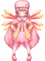 Rule 34 | 1girl, akinomiya asuka, cape, cardigan, cherry print, closed eyes, commentary request, dress, facing viewer, food print, full body, fur hat, hands on own hips, hat, infinite blade pavilion, medium hair, neck ribbon, open cardigan, open clothes, open mouth, original, pantyhose, papakha, pink cape, pink dress, pink footwear, pink hair, pink hat, pink pantyhose, pink ribbon, ribbon, simple background, smile, snow cordie, solo, standing, tachi-e, touhou, white background, wings, yellow cardigan