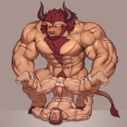 Rule 34 | 2boys, abs, anal, animal ears, bara, bare pectorals, beard, blush, body hair, chest hair, commission, completely nude, cow boy, cow ears, cow horns, cow tail, dobito mn, erection, facial hair, fate/grand order, fate/zero, fate (series), fingernails, full body, furry, furry male, furry with non-furry, giant, giant male, grin, hairy, highres, holding legs, horns, interspecies, iskandar (fate), large pectorals, looking at another, male focus, male penetrated, male pubic hair, manly, minotaur, monster boy, multiple boys, muscular, navel, navel hair, nipples, nude, original, pectorals, penis, precum, pubic hair, red hair, scar, scar on chest, sex, sharp fingernails, short hair, size difference, smile, spread legs, tail, thick thighs, thighs, uncensored, upside-down, yaoi