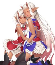 Rule 34 | 2girls, bare shoulders, blush, boots, breasts, brown eyes, cherry blossoms, child, curvy, dark-skinned female, dark skin, demon girl, dress, closed eyes, fangs, female focus, gluteal fold, highres, horns, hug, indoors, kneeling, leaning forward, lilith-soft, long hair, looking at viewer, multiple girls, narrow waist, navel, oni horns, parted lips, petals, pointy ears, short hair, siblings, simple background, sisters, small breasts, sophie (taimanin asagi), taimanin (series), taimanin asagi, taimanin asagi kessen arena, take your pick, thighs, twins, very long hair, white background, white hair, yuphie (taimanin asagi), zol