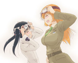 Rule 34 | 00s, 2girls, bad id, bad pixiv id, black hair, blush, charlotte e. yeager, francesca lucchini, goggles, goggles on head, grin, military, military uniform, multiple girls, orange hair, smile, strike witches, takahashi mugi, twintails, uniform, world witches series