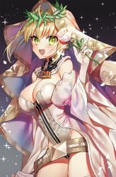 Rule 34 | 1girl, :d, ahoge, bad id, bad twitter id, belt, blonde hair, blush, branch, breasts, cleavage, cowboy shot, detached collar, detached sleeves, elbow gloves, fate/grand order, fate (series), gambe, gloves, green eyes, hair between eyes, highres, holding, holding branch, jewelry, large breasts, laurel crown, leotard, lock, looking at viewer, necklace, nero claudius (bride) (fate), nero claudius (bride) (third ascension) (fate), nero claudius (fate), nero claudius (fate) (all), open mouth, revision, smile, solo, standing, thighhighs, v-shaped eyebrows, veil, white gloves, white leotard, white thighhighs, wide sleeves