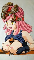 Rule 34 | 10s, 1boy, 1girl, bare shoulders, blush, boku no hero academia, breast hold, breasts, censored, clothes lift, goggles, goggles on head, hasamimushi, hatsume mei, hetero, highres, large breasts, nipples, paizuri, penis, pink hair, shirt lift, steampunk, tank top, tears, yellow eyes