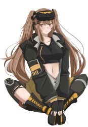 Rule 34 | 1girl, :3, absurdres, black bow, black bra, black gloves, black jacket, black pantyhose, boots, bow, bra, breasts, brown eyes, brown hair, collared shirt, cross-laced footwear, fingerless gloves, girls&#039; frontline, gloves, hair bow, hair ornament, hairclip, highres, jacket, knee pads, large breasts, long hair, mesuosushi, mod3 (girls&#039; frontline), navel, night-vision device, open clothes, open shirt, pantyhose, scar, scar across eye, shirt, simple background, single knee pad, single leg pantyhose, solo, sports bra, twintails, ump9 (girls&#039; frontline), ump9 (mod3) (girls&#039; frontline), underwear, white shirt