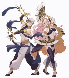 Rule 34 | 1boy, 1girl, dancing, fire emblem, fire emblem fates, fire emblem heroes, hand fan, inigo (fire emblem), krazehkai, long hair, looking at viewer, mother and son, nintendo, olivia (fire emblem), see-through, simple background, smile, unfinished, very long hair, white background