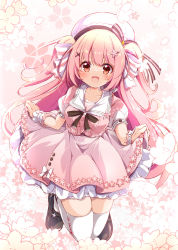 Rule 34 | 1girl, breasts, brown eyes, commission, dress, frilled sailor collar, frills, hair ornament, hairclip, hat, highres, indie virtual youtuber, kohanai momomi, medium breasts, nanaume (shichimi tougarashi), open mouth, pink hair, puffy sleeves, sailor collar, short dress, skeb commission, skirt hold, smile, solo, thighhighs, two side up, virtual youtuber, x hair ornament, zettai ryouiki