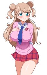 Rule 34 | 1girl, absurdres, arm behind back, badge, blue eyes, blue necktie, blush, breasts, brown hair, closed mouth, collared shirt, cowboy shot, double bun, eyelashes, flipped hair, hair bun, half updo, hand on own chest, hand up, highres, kanamori maria, kiratto pri chan, large breasts, long hair, looking at viewer, miniskirt, mujin (mujinzairaisen), necktie, pink sweater, plaid, plaid skirt, pleated skirt, pretty series, red skirt, school uniform, shirt, skirt, smile, solo, striped clothes, striped shirt, sweater, swept bangs, two side up, vertical-striped clothes, vertical-striped shirt, white shirt