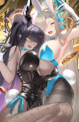 Rule 34 | 2girls, animal ears, asuna (blue archive), asuna (bunny) (blue archive), bare shoulders, black hair, black leotard, blue archive, blue eyes, blue leotard, blue ribbon, blush, breasts, brown pantyhose, cellphone, cleavage, cup, dark-skinned female, dark skin, detached collar, drinking glass, elbow gloves, fake animal ears, fake tail, fishnet pantyhose, fishnets, gloves, hair over one eye, hair ribbon, halo, highleg, highleg leotard, highres, kaji zarame, karin (blue archive), karin (bunny) (blue archive), large breasts, leotard, light brown hair, long hair, looking at viewer, mole, mole on breast, multiple girls, open mouth, pantyhose, phone, playboy bunny, ponytail, rabbit ears, rabbit tail, ribbon, sidelocks, smile, tail, thighs, tray, very long hair, white gloves, yellow eyes