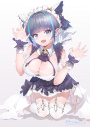Rule 34 | 1girl, animal ears, apron, aqua hair, azur lane, bare shoulders, black hair, blush, breasts, cheshire (azur lane), cleavage, detached sleeves, dress, fang, frilled headband, garter straps, highres, large breasts, looking at viewer, maid headdress, multicolored hair, paw pose, puffy sleeves, purple apron, ribbon, showerz, sitting, solo, streaked hair, thighhighs, white dress, white thighhighs, wrist cuffs