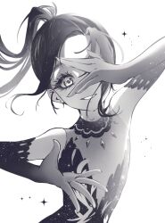 Rule 34 | 1girl, covering one eye, figure skating dress, flat chest, greyscale, highres, hitomi384, kamisaki hikaru, long hair, looking at viewer, medalist (manga), monochrome, ponytail, smile, solo, sparkle, upper body