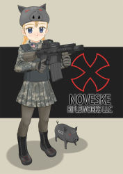Rule 34 | 1girl, animal hat, armor, assault rifle, boots, braid, camouflage, digital camouflage, eotech, flag, gun, hat, highres, holding, holding gun, holding weapon, military, original, pantyhose, personification, pig, product girl, rifle, skirt, solo, takafumi, trigger discipline, twin braids, united states, weapon