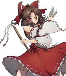 Rule 34 | 1girl, bow, brown eyes, brown hair, detached sleeves, frills, gohei, hair bow, hair tubes, hakurei reimu, highres, holding, japanese clothes, looking at viewer, miko, ofuda, petticoat, red bow, red skirt, ribbon-trimmed legwear, ribbon-trimmed sleeves, ribbon-trimmed thighhighs, ribbon trim, shishui guima, skirt, solo, thighhighs, touhou, white background, white thighhighs, wide sleeves