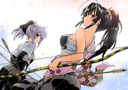 Rule 34 | 2girls, akira (umihan), archery, arrow (projectile), bare shoulders, black eyes, black hair, bow, bow (weapon), breasts, dutch angle, female focus, from behind, japanese clothes, kyuudou, large breasts, looking back, multiple girls, muneate, original, outdoors, ponytail, red eyes, sarashi, sideboob, silver hair, standing, weapon