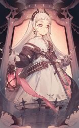 Rule 34 | 1girl, aluce, arknights, black gloves, closed mouth, dress, earrings, expressionless, gloves, grey eyes, grey hair, highres, holding, holding lantern, irene (arknights), jewelry, lantern, long hair, looking to the side, scar, scar across eye, scar on face, short bangs, sidelocks, solo, standing