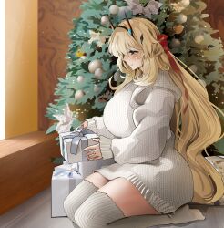 Rule 34 | 1girl, absurdres, barghest (fate), blonde hair, blue nails, blush, box, breasts, christmas, christmas tree, dress, fate/grand order, fate (series), gift, gift box, green eyes, hair ribbon, highres, holding, holding gift, horns, huge breasts, jewelry, long hair, long sleeves, looking at object, looking down, nail polish, obazzotto, red ribbon, ribbon, ring, seiza, sitting, smile, solo, sweater, sweater dress, thick thighs, thighhighs, thighs, very long hair, wedding ring, white sweater, white thighhighs, window, zettai ryouiki