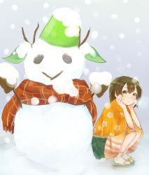 Rule 34 | 10s, 1girl, hiryuu (kancolle), japanese clothes, kantai collection, komachi narota, personification, sandals, scarf, short hair, snowing, snowman, solo, souryuu (kancolle), twintails