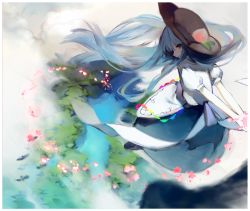 Rule 34 | 1girl, arms behind back, black hat, blue hair, border, chinese commentary, floating, food, fruit, hat, highres, hinanawi tenshi, long hair, looking back, open mouth, peach, puffy short sleeves, puffy sleeves, rainbow order, red eyes, river, shirt, short sleeves, solo, touhou, white border, white shirt, zhixie jiaobu