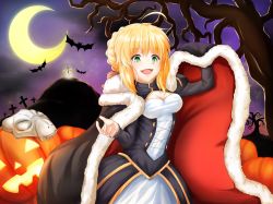 Rule 34 | 1girl, alternate color, artoria pendragon (fate), bat (animal), breasts, cape, cleavage, crescent moon, cross, excalibur (fate/stay night), fang, fate/stay night, fate (series), fur-trimmed cape, fur trim, green eyes, halloween, moon, planted, rs7, saber (fate), sword, weapon