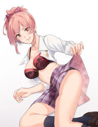Rule 34 | 1girl, black panties, black socks, bow, bra, breasts, brown footwear, cleavage, clothes lift, collarbone, collared shirt, dress shirt, grin, hair bow, idolmaster, idolmaster cinderella girls, jougasaki mika, kneehighs, lifted by self, lingerie, loafers, long sleeves, looking at viewer, lying, medium breasts, miniskirt, nail polish, on side, open clothes, open shirt, orange eyes, panties, pink hair, pink nails, plaid, plaid skirt, ponytail, purple skirt, red bow, red bra, saruno (eyesonly712), school uniform, shirt, shoes, simple background, skirt, skirt lift, smile, socks, solo, striped, striped bow, underwear, white background, white shirt, wing collar