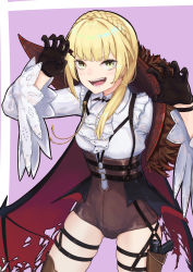 Rule 34 | 1girl, absurdres, alternate costume, ascot, bat hair ornament, bat ornament, bat wings, black gloves, blonde hair, bolt action, braid, cape, corset, cowboy shot, fangs, french braid, frills, fur-trimmed cape, fur trim, girls&#039; frontline, gloves, grin, gun, hair ornament, hair over shoulder, halloween, handgun, hands up, harness, highres, holster, huge filesize, integral suppressor, integrally-suppressed firearm, lace-trimmed sleeves, lace trim, looking at viewer, manual firearm, mari0ball, o-ring corset, purple background, red lining, simple background, smile, solo, suppressor, thigh holster, thigh strap, weapon, welrod, welrod mk ii, welrod mkii (girls&#039; frontline), wings