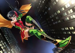 Rule 34 | 1girl, ame-comi, animification, bare shoulders, batman (series), belt, black hair, blue eyes, boots, building, cape, carrie kelly, city, dc comics, dutch angle, elbow gloves, female focus, gauntlets, gloves, green footwear, kriss sison, mask, multicolored hair, open mouth, patterned legwear, robin (dc), shin guards, shoes, short hair, skirt, sleeveless, solo, streaked hair, thigh boots, thigh strap, thighhighs, two-tone hair