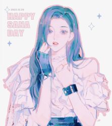 Rule 34 | 1girl, absurdres, animification, black eyes, black gloves, black hair, bracelet, dated, fingerless gloves, gloves, grey background, hair behind ear, happy birthday, highres, jewelry, k-pop, parted lips, qiao nan 1028 hao, real life, sana (twice), single glove, solo, sparkle, twice (group), upper body