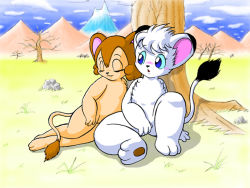 Rule 34 | blue eyes, blush, closed eyes, grass, jungle taitei, kimba, layia, mountain, rock, side-by-side, sitting, tail, tree