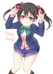 Rule 34 | &gt;:&gt;, 10s, 1girl, :&gt;, \m/, bad id, bad pixiv id, black hair, blazer, blush, bow, cardigan, double \m/, hair bow, harimoji, highres, jacket, long hair, looking at viewer, love live!, love live! school idol project, miniskirt, pleated skirt, red eyes, school uniform, skirt, smile, solo, twintails, v-shaped eyebrows, white background, yazawa nico