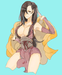 Rule 34 | 1girl, blue background, breasts, breasts apart, brown eyes, brown hair, cape, center opening, fire emblem, fire emblem fates, hair over one eye, kagero (fire emblem), large breasts, long hair, nintendo, ponytail, shourou kanna, simple background, solo