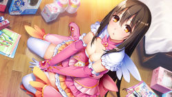 Rule 34 | 1girl, between legs, breasts, brown hair, cleavage, detached sleeves, dress, frills, from above, game cg, gloves, hair between eyes, hand between legs, ino (magloid), kagamihara alice, long hair, long sleeves, looking at viewer, medium breasts, momoiro closet, multicolored clothes, multicolored dress, pink footwear, sitting, solo, star (symbol), wooden floor, yellow eyes