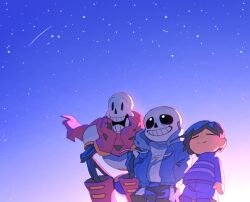 Rule 34 | 1other, 2boys, black hair, black shorts, blue jacket, blush, boots, brothers, child, closed mouth, frisk (undertale), gloves, hood, hood down, hooded jacket, jacket, korokor59513559, multiple boys, open clothes, open jacket, outdoors, papyrus (undertale), red gloves, red scarf, sans (undertale), scarf, shirt, short hair, shorts, siblings, skeleton, sky, smile, squatting, star (sky), starry sky, teeth, undertale, white shirt