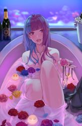 Rule 34 | 1girl, absurdres, aquarium, bathtub, blue flower, blue hair, blue rose, blunt bangs, bucket, candle, cross, ear piercing, earrings, female focus, fish hair ornament, flower, glass bottle, hair ornament, hair over breasts, highres, jewelry, lip piercing, looking at viewer, multicolored hair, nail polish, necklace, nude, original, partially submerged, petals, piercing, pink flower, pink rose, purple eyes, purple hair, red flower, red rose, rose, shaketarako, single earring, solo, split-color hair, teeth, tongue, tongue out, tongue piercing, water, wet, yellow flower, yellow rose