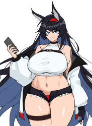 Rule 34 | 1girl, animal ears, arknights, black gloves, black hair, blaze (arknights), blue eyes, breasts, curvy, cutoffs, fingerless gloves, gloves, hairband, hella p, holding, holding phone, huge breasts, jacket, leg strap, long hair, looking at viewer, panties, phone, red hairband, red panties, short shorts, shorts, simple background, smile, solo, thick thighs, thigh strap, thighs, underwear, very long hair, white background, wide hips