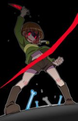 Rule 34 | 1girl, black background, blood, bloody knife, blush, bone, boots, brown hair, chara (undertale), devious face, dutch angle, from below, glowing, glowing eyes, holding, holding weapon, jewelry, knife, necklace, red eyes, shorts, smile, solo, sweater, undertale, weapon