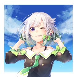 Rule 34 | 1girl, arms up, bare shoulders, bird, black gloves, black shirt, blue sky, blush, bow, bra strap, braid, collarbone, day, fingerless gloves, gloves, green bow, green necktie, half gloves, highres, kitazume kumie, long sleeves, looking at viewer, necktie, off-shoulder shirt, off shoulder, one eye closed, outdoors, parted lips, purple eyes, shirt, short hair, side braid, simple background, sky, smile, solo, upper body, virtual youtuber, yuni (yuni channel), yuni channel