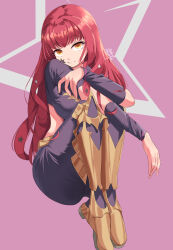 Rule 34 | 1girl, absurdres, armor, blunt bangs, bodysuit, closed mouth, clothing cutout, facial mark, fire emblem, fire emblem engage, full body, highres, long hair, looking at viewer, nintendo, orange eyes, pink background, red hair, revvie, shoes, simple background, sitting, solo, star (symbol), yunaka (fire emblem)