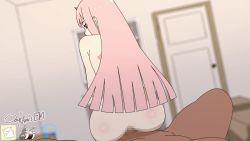 Rule 34 | 1boy, 1girl, animated, animated gif, anus, ass, censored, darling in the franxx, doukkun, hetero, horns, long hair, looking at viewer, looking back, nude, penis, pink hair, pov, pussy, reverse cowgirl position, room, sex, sex from behind, spread legs, straddling, ugoira, vaginal, zero two (darling in the franxx)