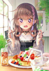 Rule 34 | 1girl, :d, absurdres, blueberry, blurry, blurry background, braid, brown hair, coat, colored inner hair, cup, dessert, diamond-shaped pupils, diamond (shape), drink, drinking glass, drinking straw, food, fork, fruit, grey coat, gyaru, highres, holding, holding fork, holding knife, ice, ice cube, indoors, kararesu (koshiki), kiwi (fruit), kiwi slice, knife, long hair, long sleeves, multicolored hair, nail polish, official art, open clothes, open coat, open mouth, original, pancake, plate, purple hair, restaurant, smile, solo focus, strawberry, streaked hair, symbol-shaped pupils