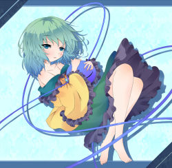 Rule 34 | 1girl, aqua hair, bare legs, bare shoulders, barefoot, blouse, blue background, blue eyes, blush, border, collarbone, fant, full body, gradient background, hugging object, knees up, komeiji koishi, looking at viewer, no headwear, off shoulder, parted lips, shadow, shirt, short hair, simple background, skirt, solo, third eye, touhou