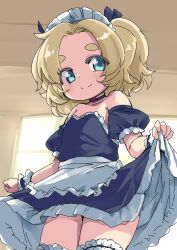 Rule 34 | 1girl, black bow, black dress, blonde hair, blue eyes, bow, choker, croixsan, curtsey, detached sleeves, dress, female focus, flat chest, frills, hair bow, looking at viewer, maid headdress, original, puffy short sleeves, puffy sleeves, short sleeves, smile, solo, strapless, strapless dress, thick eyebrows, thigh strap